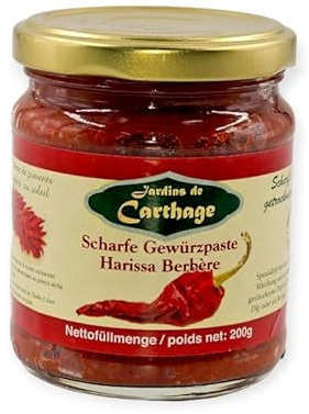 Harissa Paste Jardins de Carthage - Harissa Gewürzmischung Berbere aus Tunesien - Natürlich getrocknet und geräuchert - Vegetarisch & Vegan - 12X 200g Dosen (2400 GR)