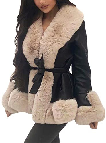 Owegvia Damen dicken warmen Kunstpelz Strickjacke Lederjacke Plüsch Kragen Manschetten vorne offen Strickjacke Mantel Pu Outwear mit Gürtel Streetwear (Schwarz, L)