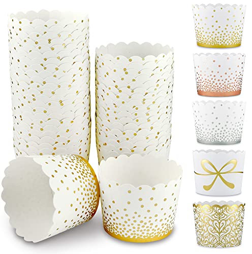 Frau WunderVoll® 50 Muffin Backformen weiß, Gold Punkte, Durchmesser 5 cm/Muffinbackform, Muffinform, Backformen, Backförmchen, Cupcake Formen, Muffin Förmchen Papier
