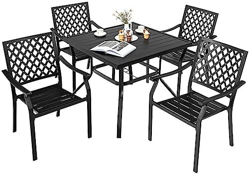 COSTWAY 5 Pieces Metal Patio Dining Set, 90cm Square Bistro Table and 4 Stackable Garden Chairs Set with Umbrella Hole, Outdoor Dining Furniture Conservatory Set for Balcony, Yard and Poolside, Black