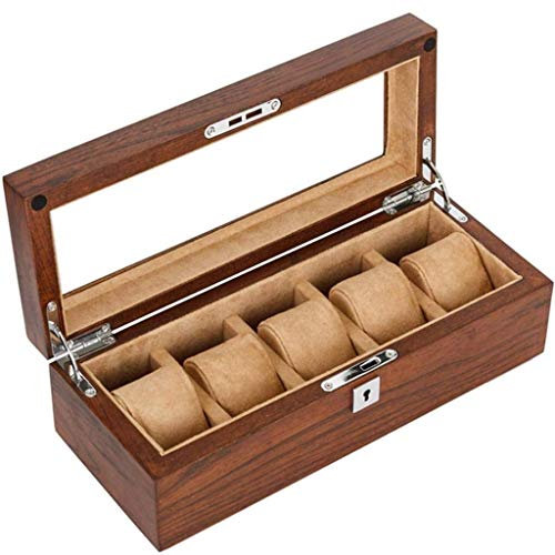 Uhrenbox aus Holz mit 5 Fächern, Glasdeckel für Uhrengehäuse, Organizer für Herrenuhren mit Schlüsselschloss, Geschenk der Liebe (Braun)