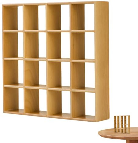 SMELEYOU Puppenhaus MöBel Miniatur Dollhouse Bücherregal Realistisches Holz 1:12 Miniatur Bücherregal 16 Gitter Mini Display Regal Wand Rack für Dollhouse Accessoires Dekorationen Holzfarbe