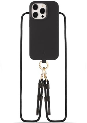 Just Elegance kompatibel mit iPhone 13 Pro -Handyhülle 2024 Design mit Band - Schutzhülle mit Abnehmbarer Kordel (Schwarz/Black)