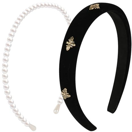 2pcs Bandeaux pour Femmes, Bandeau Velours Abeille Noire Mignon Bandeau Cheveux Perles Blanches Antidérapant Mode Accessoires Cheveux Féminins pour Filles Maquillage Lavage Visage Date Fête