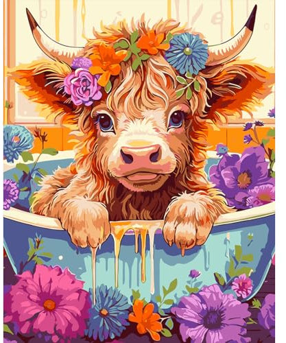 BEAYIOU Highland Cow Flower Paint by Numbers for Adults Beginners, Acrylic Simple Paint by Number Canvas for Gift Decoration (12x16 in)