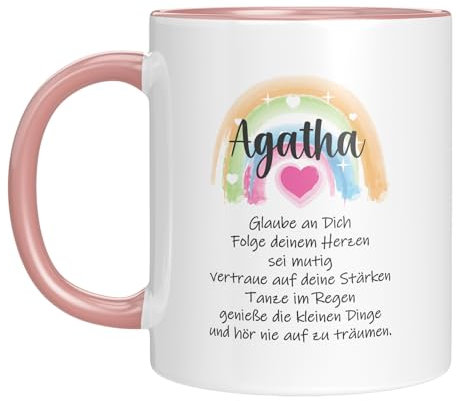 LIEBTASTISCH - Tasse zur 1. Heiligen Kommunion mit Aufdruck des Namen und Datum - Zur Erstkommunion - für Jungen & Mädchen - Geschenkidee - Regenbogen (Rosa)
