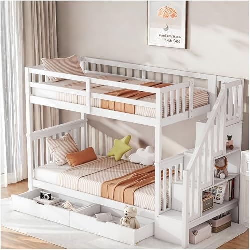 Litera 90 x 200 cm, cama infantil, cama de matrimonio, con marco para escaleras, con dos cajones, laterales altos (blanco, 90 x 200)