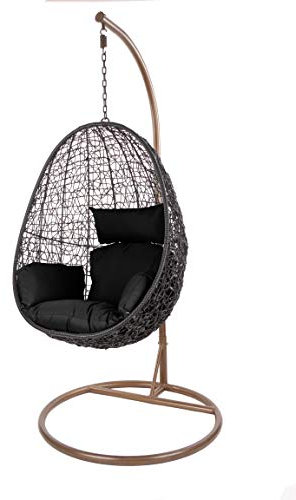 Kideo Swing Chair, Lounge-Möbel, Loungesessel Polyrattan, Hängestuhl, Hängesessel mit Gestell & Kissen (schwarz/schwarz)