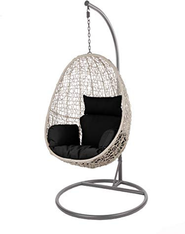 Kideo Swing Chair, Lounge-Möbel, Loungesessel Polyrattan, Hängestuhl, Hängesessel mit Gestell & Kissen (grau/schwarz)