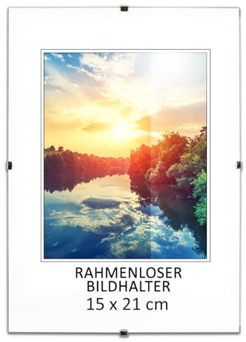 MG Design Cadre photo sans cadre | 15x21cm | Verre acrylique | avec clips | Porte-photo pour affiches photos | Cadre d'affiche | plusieurs tailles | bon pour salon, salle à manger, cuisine