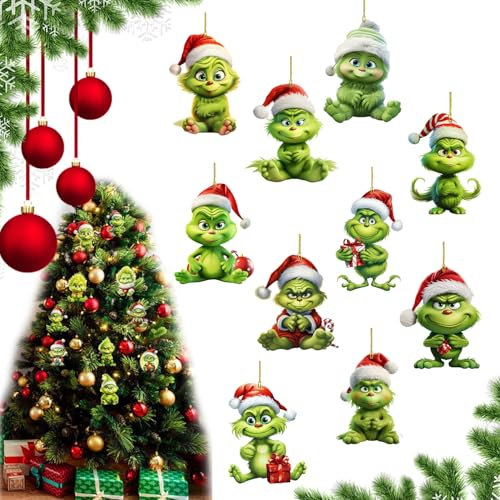 Xiujuers 10 Stück Grinch Weihnachtsdekorationen, Grinch Deko Weihnachten, Grinch Baumschmuck, Christbaumschmuck Grinch, Grinch Christbaumschmuck, Grinch Deko, Geeignet Zuhause, Urlaub, Party