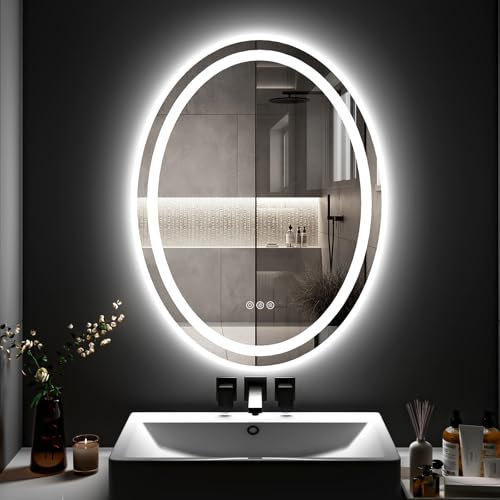 ChillCruiser Ovaler LED-Spiegel fürs Badezimmer, 600 x 800 mm, Wandspiegel mit Beleuchtung, Badezimmerspiegel mit Front- und Hintergrundbeleuchtung, beschlagfrei, dimmbar, 3 Farben, Memory-Funktion