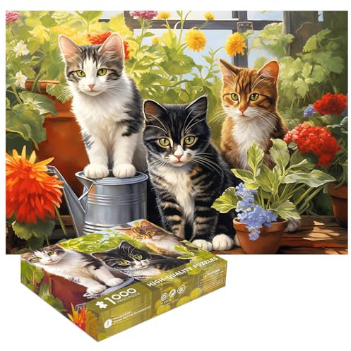 1000 Teile Puzzle für Erwachsene - Garten Kätzchen und Nette Katzen - Lustiges Kätzchen Motiv
