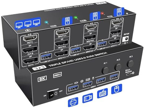 KVM Switch 3 PC 3 monitor, USB 3.0 DP + HDMI KVM Switch 8K@60Hz 4K@144Hz, KVM Switch Displayport 1.4 + HDMI 2.1 parti Tastiera senza fili, mouse, stampante, con cavo wired Remote 3 USB3.0