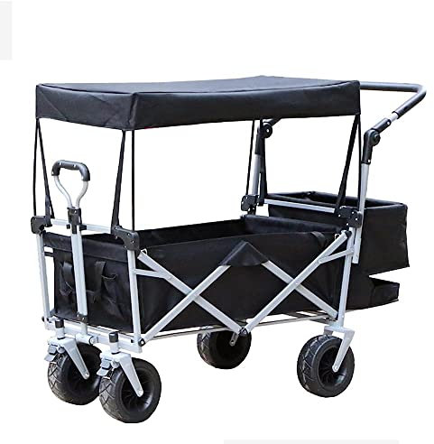 CRBUDY Chariot à Main, Chariot de Jardin Pliable Bea100 kg, brouette à 4 Roues, Chariot de Jardinage d'extérieur, auvent Amovible/Bleu Marine