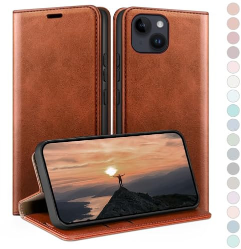 HUOUH for iPhone 14 6.1 Wallet case with RFID Blocking PU Leather,Flip Folio Book covers,Credit Card Holder Shockproof Phone case Women Men for Apple 14 case Light Brown