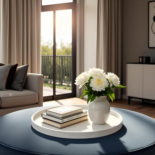QAVOL Rundes Ottoman-Tablett, 50,8 cm, Kunstleder, großes Serviertablett für Couch/Couchtisch, Familienessen, Picknick, Party-Dekoration (50,8 cm, Beige)
