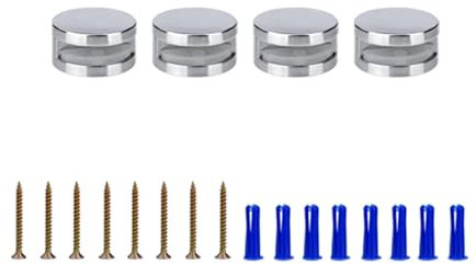 Lot de 4 clips de fixation pour miroir, ronds, polyvalents, 3 à 5 mm, sans cadre, kit de fixation à double vis avec longues vis et chevilles robustes, argent