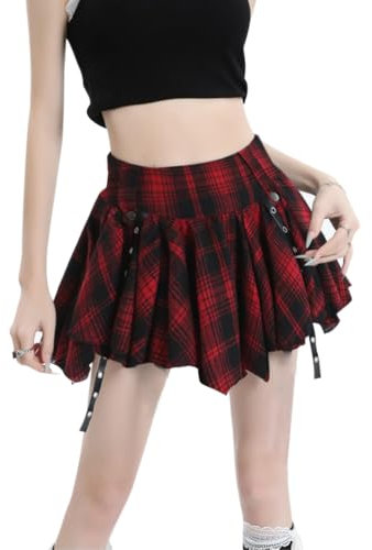 DINGJIUYAN Mini jupe plissée en tartan pour femme - Jupe courte à volants - Taille haute - Jupe avec volants décoratifs, écossais rouge, S