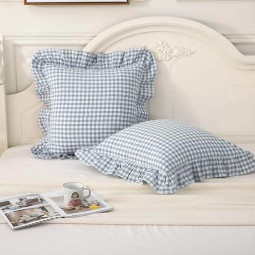 Silnuo Kissenbezug mit Rüschen, kariert, 50,8 x 50,8 cm, Blau/Weiß, 2 Stück | Farmhouse Kissenbezüge aus gewaschener Baumwolle, kariert, dekorative Kissenbezüge für Bett, Sofa, Wohnzimmer