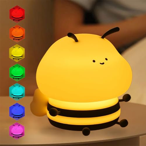 WRQIOO Luce Notturna Bambini, Lucina Notte Bambini Ape, 7 RGB Colori L-uce Notturna Neonato Silicone con Sensore Tattile, Ricaricabile Lu-ce Neonato Cameretta Bam-bina