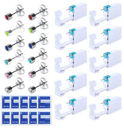 OT-NVWOZR 12 Stück Ohrloch Stecher Set, Einweg Ohrlochstechpistole mit Ohrstecker Alkoholwatte Steril Sicherheits Ohrnasen Piercing Pistolen kit, Ohrlochpistole für Mädchen Frauen Männer(Silber)
