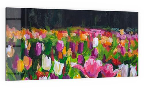 DEQOART Glasbild Echtglas | Motiv Tulpen im Frühlingsrausch | horizontal einteilig 100x50 cm | schöne Dekoration | Wandbild für Wohnzimmer, Schlafzimmer, Flur & Küche | moderne Wanddeko