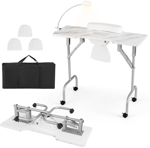 COSTWAY Maniküretisch klappbar, Nageltisch mit elektrischem Staubsammler, LED-Lampe, Handgelenkauflage & Rollen, Maniküre Tisch Marmor Optik, inkl. Tragetasche (Weiß)