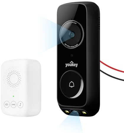 youkey DB322 Doorbell Camera Wired with Chime, No Monthly Fee, 2K Video Doorbell with Head-to-Toe View, Package Detection, 2.4/5GHz WiFi-6, Built-in 8Gb Storage, Two-Way Talk, Color Night Vision