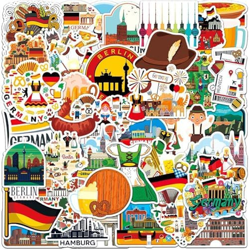 50 Stück Deutschland Reise Aufkleber Perfekte Dekoration für Laptop, Skateboard, Handy, Gitarre, Motorrad, Fahrrad, Helm und mehr. ein tolles Geschenk für Kinder, Teenager und Erwachsene.