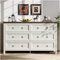 Zubaliya Commode 134x40x79,5cm avec poignées de tiroirs en Aluminium,Buffet Salle a Manger avec 6 tiroirs,Style Vintage,Plan de Travail Couleur Noyer,pour Chambre,Salon,Armoire de Rangement,Blanc