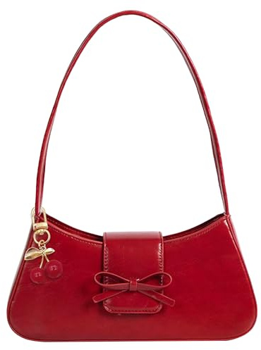 JeVenis Kirschrote Schultertaschen für Damen, Kirsch-Schlüsselanhänger, Leder, kleine Handtasche, Crossbody-Tasche, modische Clutch-Geldbörsen, rot