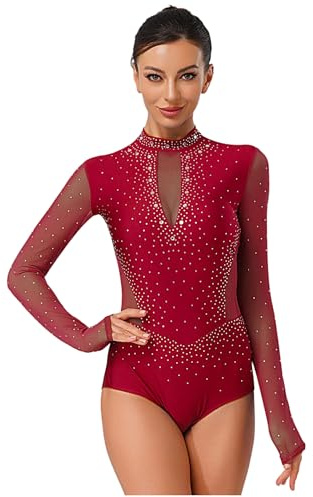 RUNQHUI Damen Turnanzug Langarm Ballettbody Mesh Patchwork Gymnastikanzug Glitzer Eiskunstlauf Anzug Wettkampf Dancewear