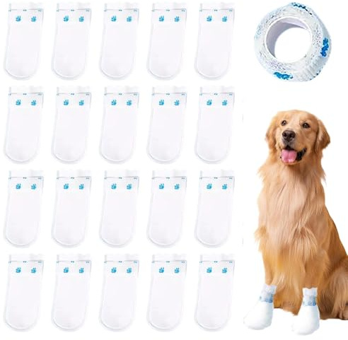 20pcs Disposable Dog Socks Waterproof Dog Boots for Injured Paws Stop Licking Pet Paw Protectors Dog Shoes with Bandage Pet Foot Cover for 16-38 lb Dogs Suitable for Indoor & Outdoor Walking Use