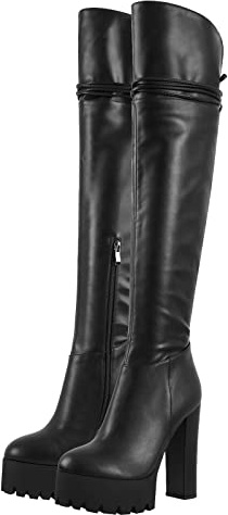 Only maker Damen Overknee Stiefel Schnürstiefel Plateau Blockabsatz High Heels Boots