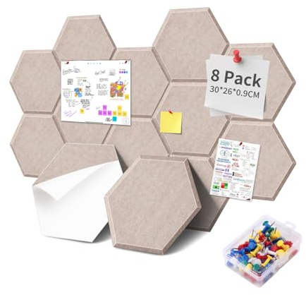 8 Stück Hexagon Filz Pinnwand Korkplatte, 30 * 26 * 0.9cm Selbstklebende Pinnwände aus Kork, Foto-Display-Tafel, Dekoration für Fotos, Memos, Wanddekoration, Mit 35 Pinnnadeln, Dunkelkamel