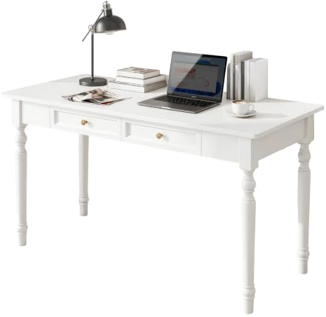 BaoBaJiu Schreibtisch Massivholz Landhausstil 100x60 cm Weiß, tiefer Computertisch mit Massivholz Schubladen für Home Office geruchsneutral