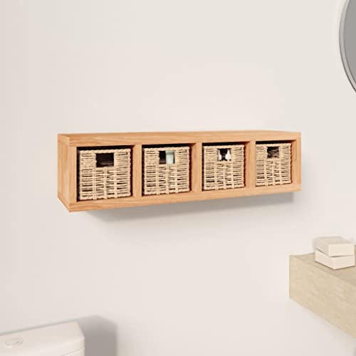 LoogCape Wandregal mit 4 Körben, 62x18x16 cm, Massivholz Nussbaum, Öl-Finish, für Bad, Schlafzimmer, Büro, vielseitige Aufbewahrung