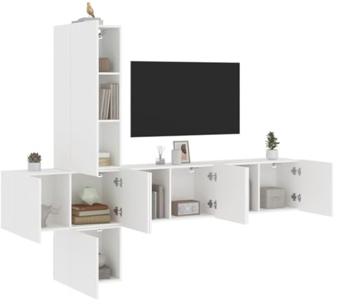 Mhdvray 5-TLG. Wohnwand Weiß Holzwerkstoff TV Lowboard & Sideboard Set mit Wandmontage Modernes Design 80x30x102 cm Stauraum für Wohnzimmer Schlafzimmer Büro