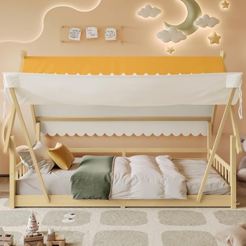 Goldicoo Kinderbett Einzelbett, Holzhausdesign mit abnehmbarem Zelt, Kiefer und Sperrholz, Natur, 90x200 cm, mit Sicherheitsgeländer