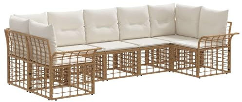 vidaXL Outdoor-Sofagarnitur 7 pcs Natürlich und Cremweiß Polyester, Garten und Terrasse, rustikales Outdoor-Sofa, wetterfestes Couch, Bequeme Rattansitzgruppe
