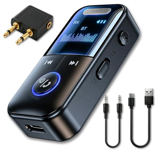Bluetooth 5.4 Transmitter Receiver, 4-in-1 Airplane Adapter with 3.5mm Jack | LED Display with AUX Cable, TX/RX Modes and Wireless & Wired TF Card Playback for Flights, TV, Car, Speakers and Headphones