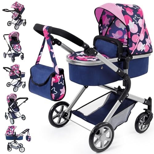 Bayer Design 18169AA Puppenwagen City Neo mit Tasche, höhenverstellbarer Griff, schwenkbare Vorderräder, wandelbar als Puppenjogger, zusammenklappbar, Blau, Sterne
