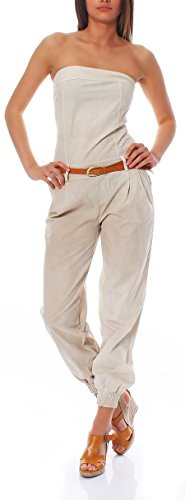 malito Damen Einteiler in Uni Farben | Overall mit Gürtel | langer Jumpsuit - Romper - Hosenanzug 1585 (beige, L)