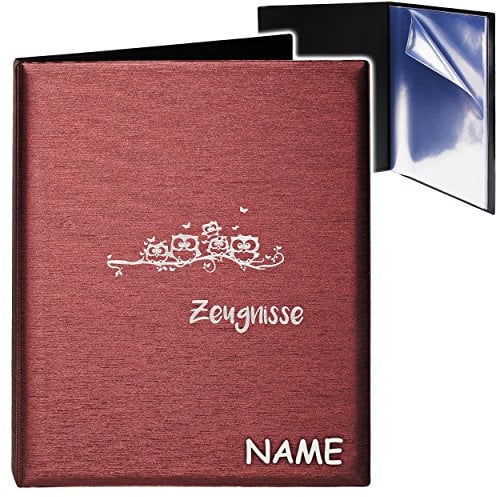 alles-meine.de GmbH A4 - Zeugnismappe/Dokumentenmappe - Zeugnisse lustige Eulen & Schmetterlinge - 3D Metallic Effekt - Bordeaux rot - inkl. Name - GEBUNDEN mit 20 fe..