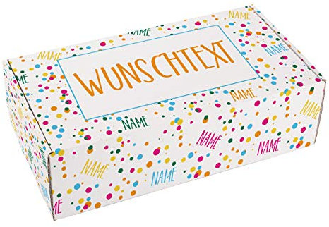 Herz & Heim® Konfetti Geschenkkiste zum Geburtstag mit Ihrem Wunschnamenn und Glückwunschtext bedruckt