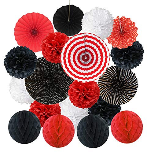 ZERODECO Rojo Negro y Blanco Abanicos de Papel Bola de Nido Pom Poms Ventilador de Papel para Colgar Decoración para Cumpleaños Boda Carnaval Bebé Ducha Home Party Supplies Decoración