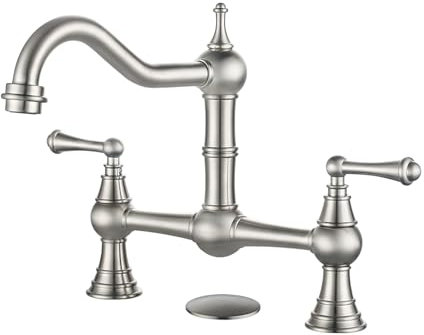 WOWOW Brücken-Küchenarmatur für Spüle, 2 oder 3 Löcher, massives Messing, Küchenspüle, 20,3 cm Mittelsatz, Deckmontage, gebürstetes Nickel, Küchenarmatur für Spüle, Wohnmobil, Wäsche, Bar