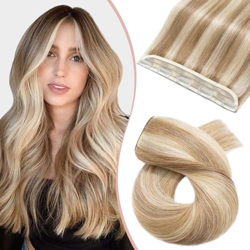 Silk-co Clip in Extensions Echthaar 1Pc 5Clips, Clip in Echthaar Hair Extensions Remy Clip in Haarverlängerung Natürliche Echthaar Extensions 55g 55cm Goldenbraun mix Bleichblond