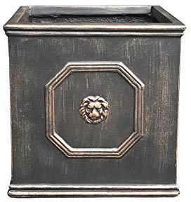 Kante Maceta Cuadrada de hormigón con Cabeza de león, Maceta clásica de Estilo inglés con Orificio de Drenaje y tapón de Goma para Interior, Exterior, jardín, Patio, hogar, 32 x 32 x 32 cm, Bronce